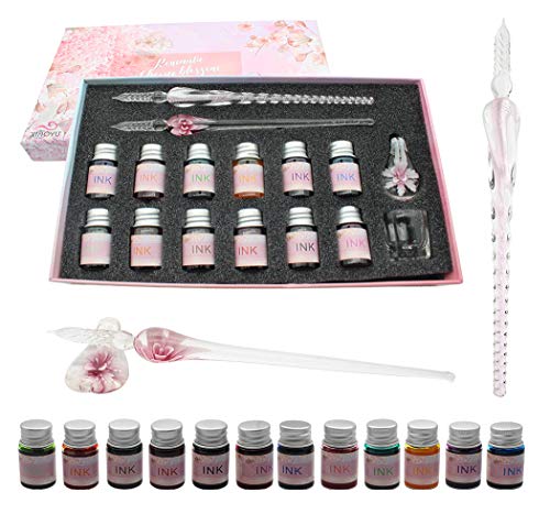 XIAOYU Glas Dip Pen Ink Set, 16 Stück Kalligraphie-Stifte-Set – 12 bunte Tinten, Stifthalter, Reinigungsbecher, 2 Kristallglasstifte für Kunst, Schreiben, Zeichnen, Unterschrift – Pink von XIAOYU