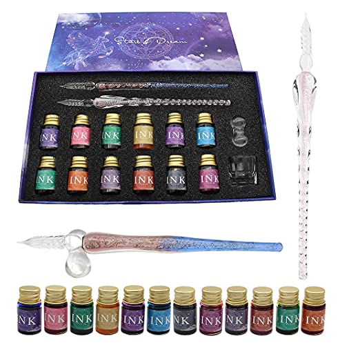 XIAOYU Glasstift Set, 16 Stücke Kalligraphie Stift Set enthält 2 Kristallglas Stifte, 12 Farben Tinte, Reinigungstasse, Stifthalter, rosa von XIAOYU