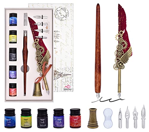 XIAOYU Mechanische Feder Quill Pen Set, Vintage Kalligraphie Dip Pen Set mit 4 Ersatzspitzen, 5 Flaschentinten, Smooth Calligraphy Dipped Pen Ink Kit, Weinrot von XIAOYU