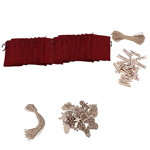 XIASABA 24 Stück Weihnachtsbeutel, Weihnachts-Adventskalender, Countdown-Beutel, Kordelzugbeutel, Sack, Hängegeschenk mit Clips in Heather Grey, aus hochwertigem Leinen, Hanf und (Weinrot) von XIASABA