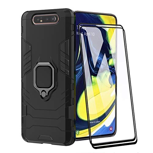 XIFAN Hülle für Samsung Galaxy A80/A90 [Strapazierfähig] Ring Ständer, [Funktioniert Mit Magnetischer Autohalterung] Case Schutzhülle, Schwarz + 2 Pack Displayschutzfolie von XIFAN