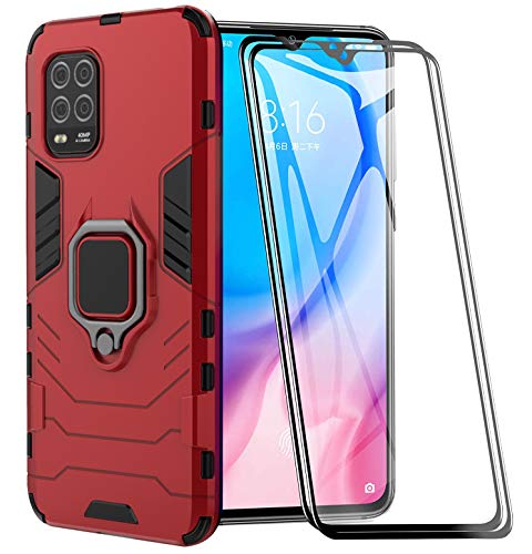 XIFAN Hülle für Xiaomi Mi 10 Lite 5G [Strapazierfähig] Ring Ständer, [Funktioniert Mit Magnetischer Autohalterung] Case Schutzhülle, Rot + 2 Pack Panzerglas von XIFAN