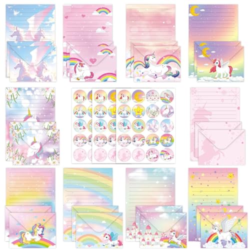 160 Stück Briefpapier mit Umschlag Set,50 A5 Liniert und 50 Briefumschläge druckerfreundlich ür Einladungskarten Glückwunschkarte Hochzeitseinladunge(Einhorn) von XIFUHUI