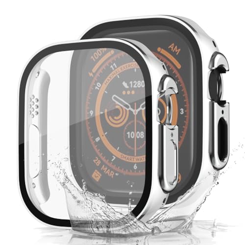 XIHAMA 2 x Schutzhülle mit gehärtetem Glas, kompatibel mit Apple Watch Serie Ultra2 Ultra 49 mm, zweifarbige Schutzhülle für iWatch SE2 9 8 7 SE 6 5 4 (Weiß-Silber, 2er-Pack, 49 mm) von XIHAMA