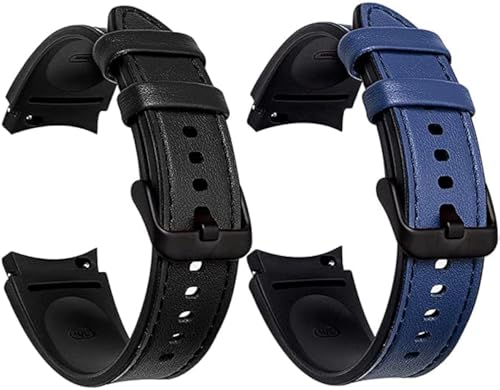 XIHAMA Armbänder kompatibel mit Samsung Galaxy Watch 7 40mm 44mm,weiches Echtleder-Hybrid-Silikon-Armband für Galaxy Watch 6 Classic 43mm 47mm/ 5 Pro/4 Classic (Black+Blue) von XIHAMA