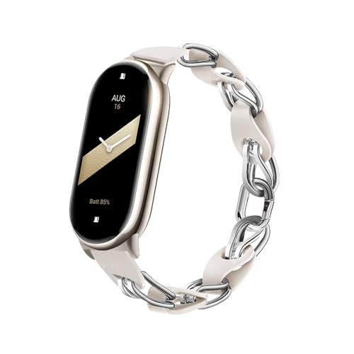 XIHAMA Kompatibel mit Xiaomi Mi Band 8 Uhrenarmband, Ersatzband durchbrochenes Design Edelstahl Ring Lederkette Gürtel Mi band 8 Gürtel Elegantes Armband für Damen Uhrenarmbänder(weiß/silberfarben) von XIHAMA