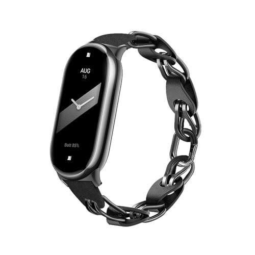 XIHAMA Armband Kompatibel mit Xiaomi Mi Band 8, Ersatzband durchbrochenes Design Edelstahl Ring Lederkette Gürtel Mi Band 9 Gürtel Elegantes Armband für Damen Uhrenarmbänder(Schwarz) von XIHAMA