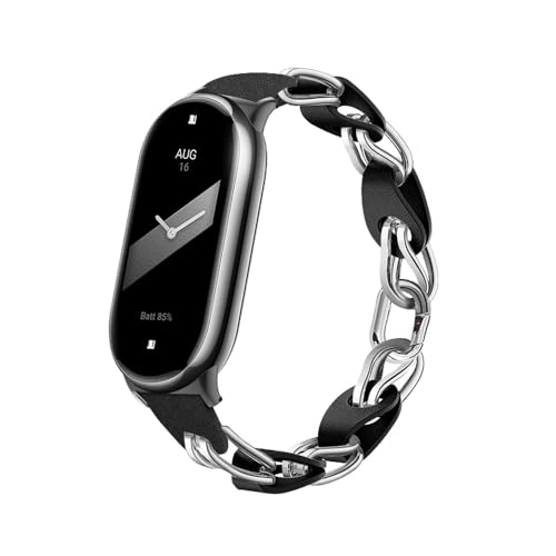 XIHAMA Kompatibel mit Xiaomi Mi Band 8 Uhrenarmband, Ersatzband durchbrochenes Design Edelstahl Ring Lederkette Gürtel Mi band 8 Gürtel Elegantes Armband für Damen Uhrenarmbänder(Schwarz Silber) von XIHAMA