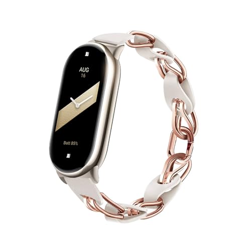 XIHAMA Kompatibel mit Xiaomi Mi Band 8 Uhrenarmband, Ersatzband durchbrochenes Design Edelstahl Ring Lederkette Gürtel Mi band 8 Gürtel Elegantes Armband für Damen Uhrenarmbänder(Weiß Roségold) von XIHAMA