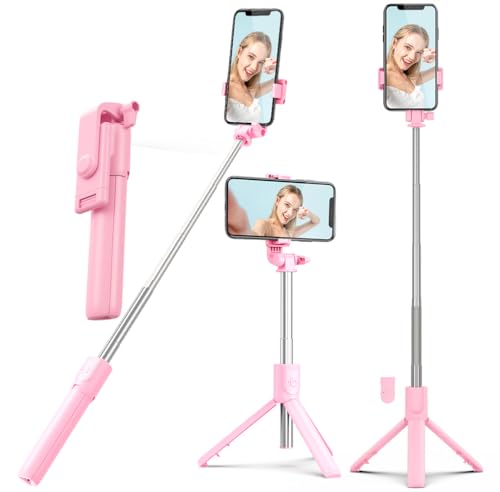 XIHAMA Selfie Stick mit Stativständer, Tragbares Telefonstativ & Drahtlose Fernbedienung, Handyhalterung kompatibel mit iPhone, Samsung, Xiaomi und Android-Smartphones (Rosa) von XIHAMA