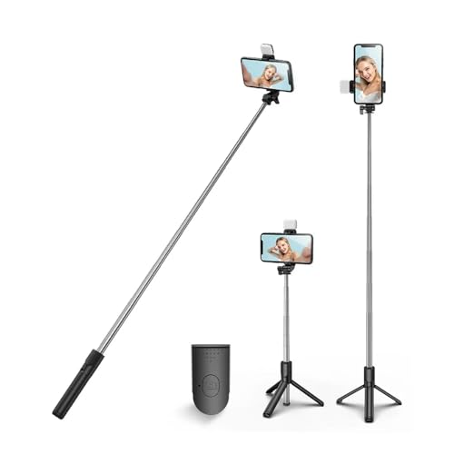 XIHAMA Selfie Stick mit Stativständer, Tragbares Telefonstativ & Drahtlose Fernbedienung, Handyhalterung kompatibel mit iPhone, Samsung, Xiaomi und Android-Smartphones (Schwarz mit LED-Licht) von XIHAMA