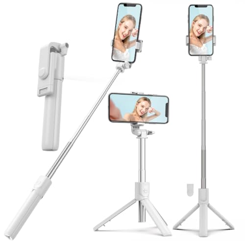 XIHAMA Selfie Stick mit Stativständer, Tragbares Telefonstativ & Drahtlose Fernbedienung, Handyhalterung kompatibel mit iPhone, Samsung, Xiaomi und Android-Smartphones (Weiß) von XIHAMA