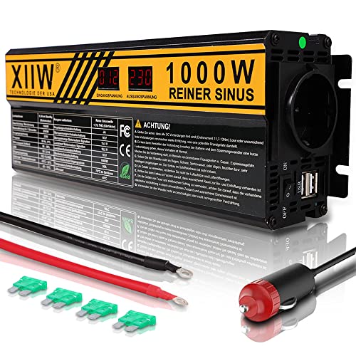 1000W Spannungswandler Reiner Sinus KFZ Wechselrichter 12V 230V LCD Konverter Power Solar Inverter Umwandler Sinuswelle Stromwandler mit Autoladegerät, 2X USB für Sonnenkollektor Auto Wohnwagen von XIIW