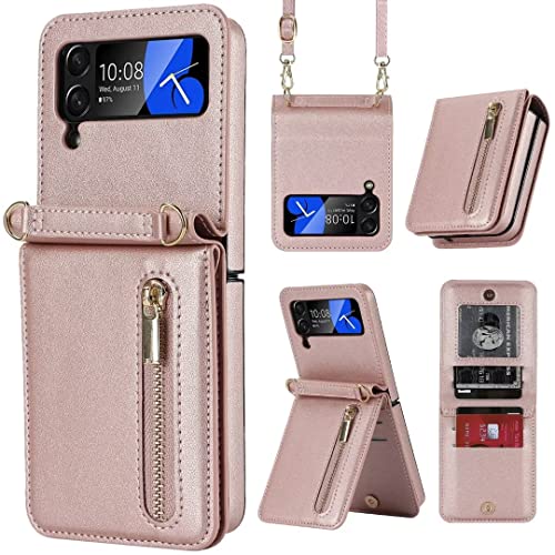 XIMAND Für Samsung Galaxy Z Flip 4 Diamant Handgelenkschlaufe Handyhülle Diamant Diamant Diamant Handyhülle Diamant Multi Engineering Stand Stylische Flip Schutzhülle Lederhülle.(Rosegold) von XIMAND