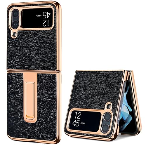 XIMAND Für Samsung Galaxy Z Flip 4 mit luxuriösem glitzerndem Rautenmuster und weichem Leder, goldener Stoßschutz, cleverer Ständer, Schwarz von XIMAND