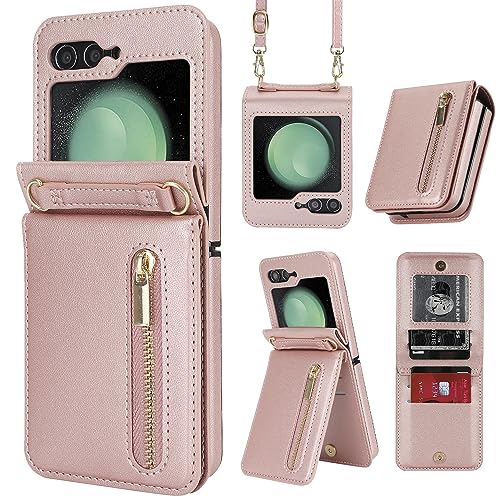 XIMAND Schutzhülle für Samsung Galaxy Z Flip 5, luxuriös, mit Reißverschluss, multifunktional, Ständer, Kartenhalter, Verstellbarer Schultergurt, modische Klapphülle (Roségold) von XIMAND