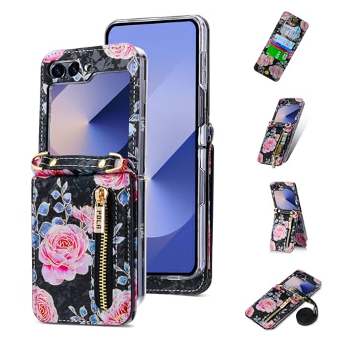 XIMAND für Samsung Galaxy Z Flip 6, Blumen-Kreditkartenhalter, Brieftaschen-Hülle mit Riemen, Umhängetasche mit Rosenmuster, floraler Ständer für Damen, süß und charmant. (Schwarz) XIMAND für Samsung Galaxy Z Flip 6, Blumen-Kreditkartenhalter, Brieftaschen-Hülle mit Riemen, Umhängetasche mit Rosenmuster, floraler Ständer für Damen, süß und charmant. (Schwarz) von XIMAND