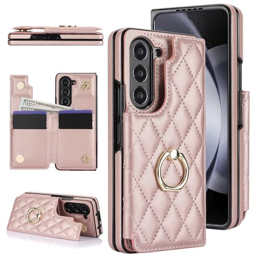 XIMAND Schutzhülle für Samsung Galaxy Z Fold 6, mit Ring und Kreditkartenfach, Geldfach, Magnetverschluss, Ständer, Schutzhülle (Roségold) von XIMAND