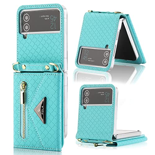 XIMAND Schutzhülle für Z Flip mit Reißverschluss-Brieftasche, grüne Handyhülle mit Riemen für Samsung Galaxy Z Flip 3.(Blau,Galaxy Z Flip 3) von XIMAND