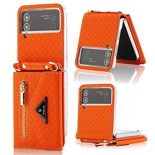 XIMAND Schutzhülle für Z Flip mit Reißverschluss-Brieftasche, grüne Handyhülle mit Riemen für Samsung Galaxy Z Flip 3.(Orange,Galaxy Z Flip 3) von XIMAND