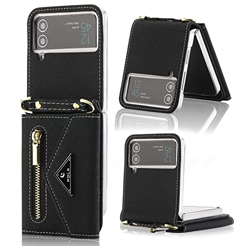 XIMAND Schutzhülle für Z Flip mit Reißverschluss-Brieftasche, grüne Handyhülle mit Riemen für Samsung Galaxy Z Flip 3.(Schwarz,Galaxy Z Flip 3) von XIMAND