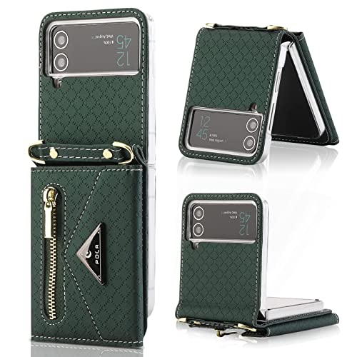 XIMAND Schutzhülle für Z Flip mit Reißverschluss-Brieftasche, grüne Handyhülle mit Riemen für Samsung Galaxy Z Flip 4.(Grün,Galaxy Z Flip 4) von XIMAND