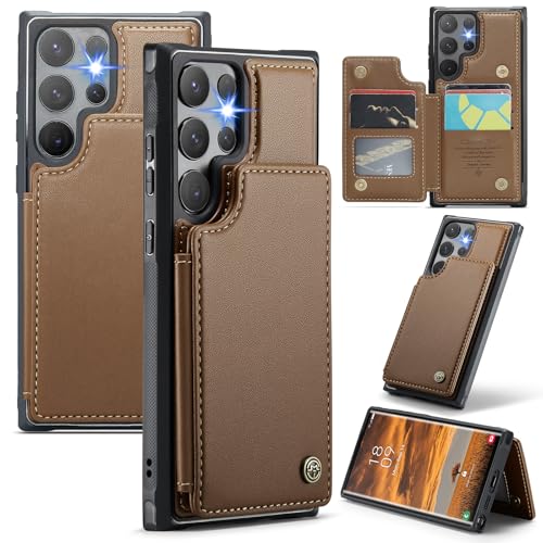 XIMAND für Samsung Galaxy S24 Ultra Wallet Case RFID-Blockierung und 5 Kreditkartenfächern, hochwertiges, langlebiges,Magnetverschluss und Ständer, robuste, stoßfeste Schutzhülle. - Braun von XIMAND