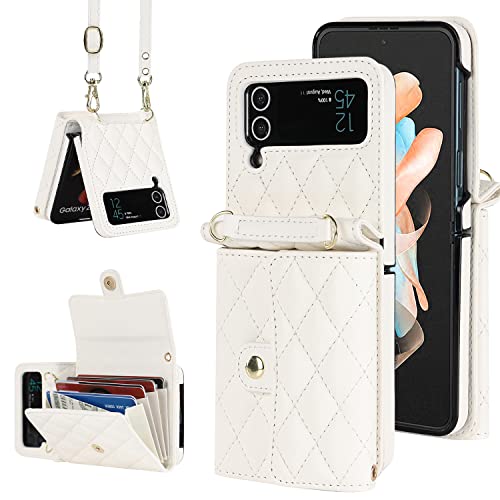 XIMAND für Samsung Galaxy Z Flip 3 Akkordeon-Crossbody-Brieftaschenhülle, 4 Kartenfächer, RFID-Blockierung und Verstellbarer Riemen – stilvolles und vielseitiges Accessoire für Damen (weiß) von XIMAND