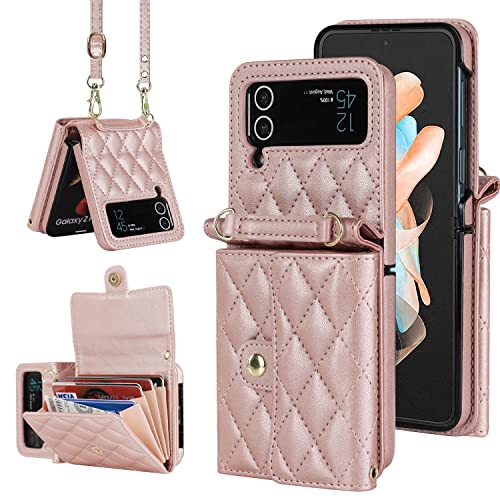 XIMAND für Samsung Galaxy Z Flip 4, Akkordeon-Umhängetasche, 4 Kartenfächer, RFID-Blockierung und Verstellbarer Riemen – stilvolles und vielseitiges Accessoire für Damen (Roségold) von XIMAND