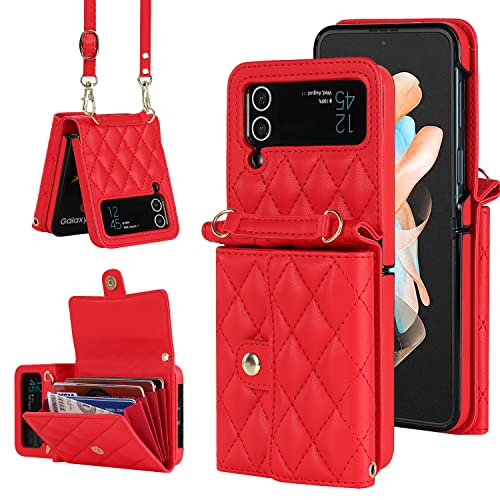 XIMAND für Samsung Galaxy Z Flip 4, Akkordeon-Umhängetasche, 4 Kartenfächer, RFID-Blockierung und Verstellbarer Riemen – stilvolles und vielseitiges Accessoire für Damen (rot) von XIMAND