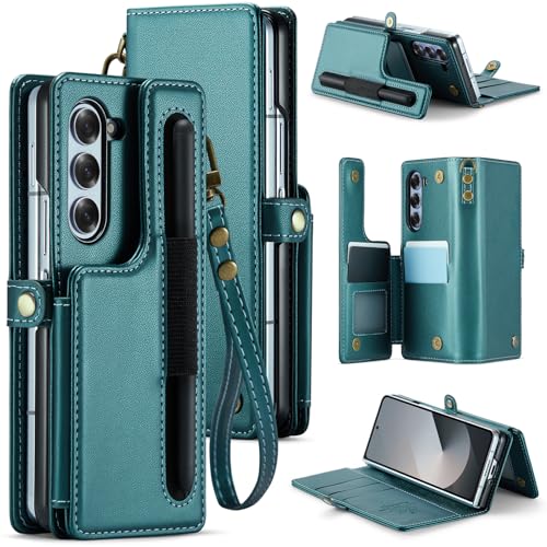 XIMAND für Samsung Galaxy Z Fold 6, Brieftaschen-Schutzhülle mit 7 Kreditkartenfächern und S-Pen-Steckplatz, RFID-Blockierung, klassischer Leder-Schutzhülle mit Magnetverschluss und Ständer, Grün von XIMAND