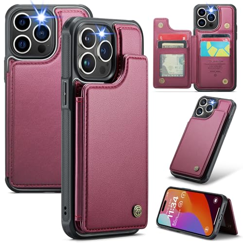 XIMAND für iPhone 14 Pro Max Wallet Case RFID-Blockierung und 5-Kreditkartenhalter, hochwertiges, langlebiges, schlankes Leder Magnetverschluss und Ständer, robuste, stoßfeste Schutzhülle. - Wein von XIMAND