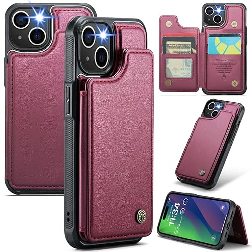 XIMAND für iPhone 14 Wallet Case mit RFID-Blockierung und 4-Kreditkartenhalter, hochwertiges, langlebiges, schlankes Leder mit Magnetverschluss und Ständer, robuste, stoßfeste Schutzhülle. - Wein von XIMAND