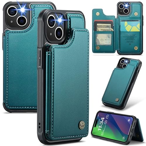 XIMAND für iPhone 15 Wallet Case mit RFID-Blockierung und 4 Kreditkartenfächern, hochwertiges, langlebiges, schlankes Leder mit Magnetverschluss und Ständer, robuste, stoßfeste Schutzhülle. - Grün von XIMAND