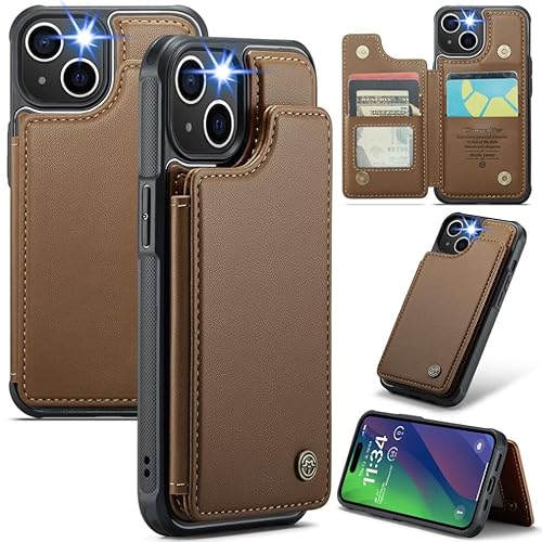 XIMAND für iPhone 15 Wallet Case mit RFID-Blockierung und 4 Kreditkartenfächern, hochwertiges, langlebiges, schlankes Leder mit Magnetverschluss und Ständer, robuste, stoßfeste Schutzhülle. - Braun von XIMAND
