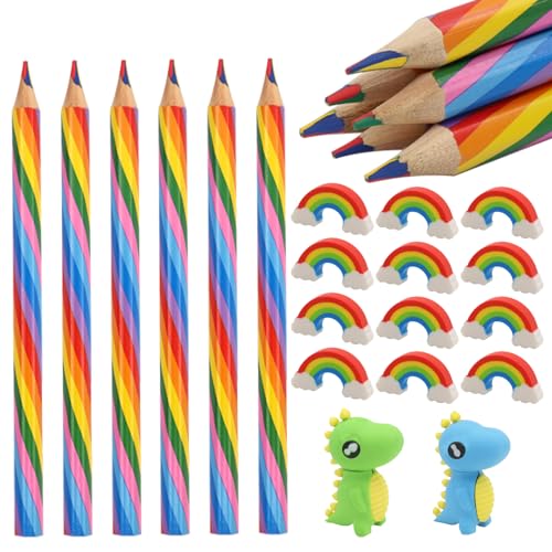 XIMKONTER 26 Stück Regenbogenstift 12 Stück Buntstifte Kinder +12 Kunststoff Radiergummi Regenbogen + 2 Stück Dinosaurier Radiergummi, 4-in-1 Farbstifte Regenbogenstift Weicher für Kreatives Zeichnen von XIMKONTER
