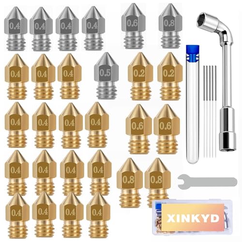 28 Stk 3D Drucker Düse Set, MK8 Nozzle 21x Messingdüsen+7x Edelstahldüsen für 0,2mm 0,4mm 0,6mm 0,8mm Extruder Düsen mit Düsenreiniger tool für CR-8 / CR-10 / Ender 3 / Ender 3S / 5/6 and so on… von XIN-KYD