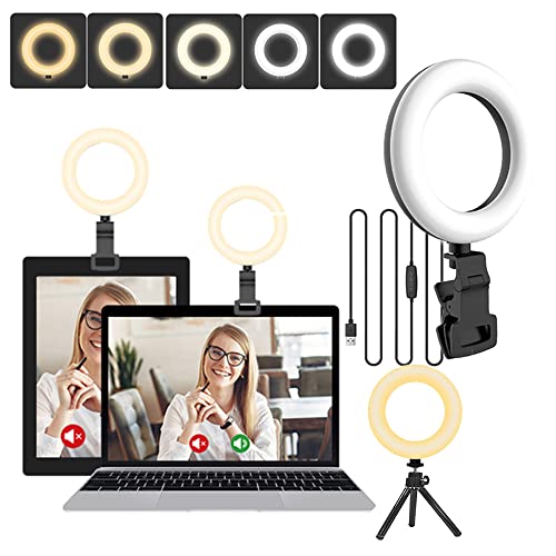 Ringlicht Laptop, 5'' Ringleuchte mit Stativ & Clip, Videokonferenz Licht mit 5 Beleuchtungsmodi&11 Helligkeiten, 360° Dimmbare Selfie-Licht für Video-Streaming, Videoanruf, Tiktok, Meeting, Make-up von XINBAOHONG