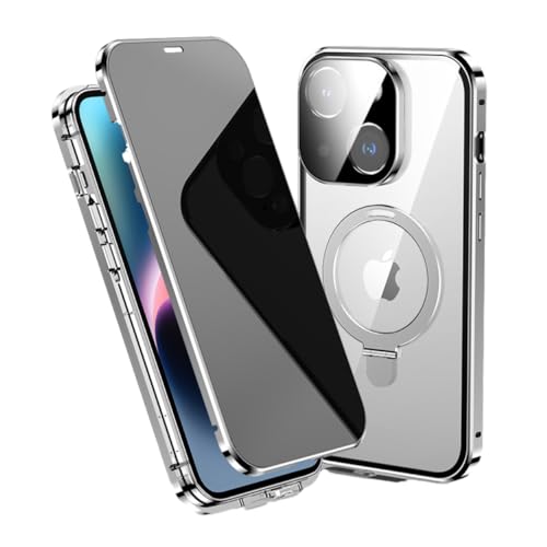 XINDEMEI Abschließbare magnetische Adsorption Anti-Peeping-Stoßfängerhülle Aluminiumrahmen Glas Sichtschutzabdeckung mit Ringhalter (Silber, für iPhone 15 Pro Max) von XINDEMEI