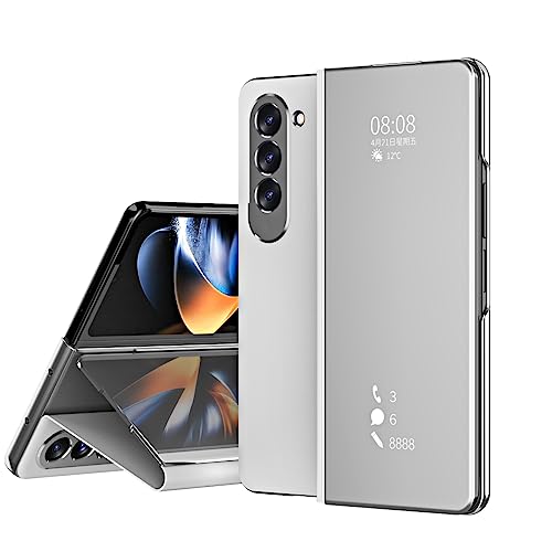 XINDEMEI für Samsung Galaxy Z Fold 5 5G Hülle Luxus galvanisieren Spiegel Flip Case Kunststoff Hybrid PU Leder Telefon ständer hülle stoßfeste schutzhülle (Silber) von XINDEMEI