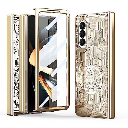 XINDEMEI für Samsung Galaxy Z Fold 5 5G Hülle Mechanische Legende Beschichtung Textur Luxus kristallklare Handyhülle stoßfeste Schutzhülle mit Displayschutzfolie (Gold) von XINDEMEI