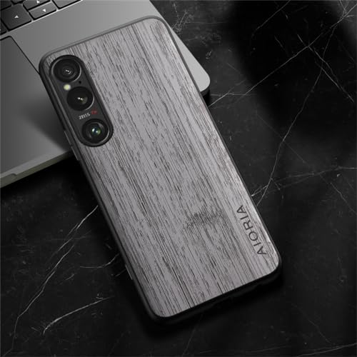 XINDEMEI für Sony Xperia 1 VI Hülle Retro Holzmuster Lederhülle TPU Weicher Rahmen Stoßfeste Schutzhülle (Hellgrau) von XINDEMEI