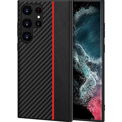 für Samsung Galaxy S23 Ultra Hülle Kohlefaser Kunstleder Handyhülle Hybrid Hard PC Stoßfeste Schutzhülle (Rot) von XINDEMEI