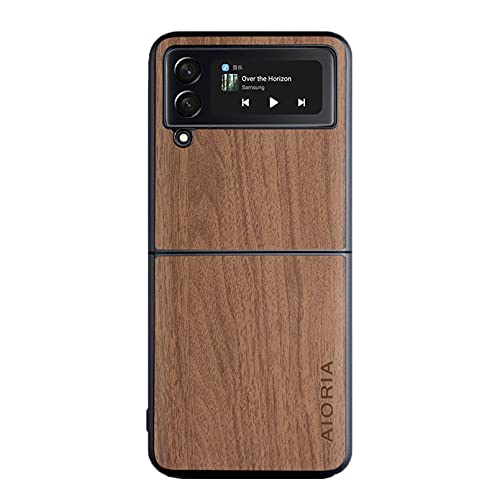 für Samsung Galaxy Z Flip 4 5G Hülle Retro Holzmaserung Ledertasche Weiche TPU Stoßfeste Schutzhülle (Gelb) von XINDEMEI