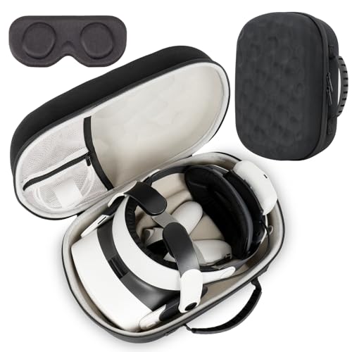 XINGFUDAO Tragetasche kompatibel mit Meta Quest 3/Quest 3S(mit Elite Strap) VR Headset, Controller und Zubehör, Stoßdämpfung und Haltbarkeit, Tragetasche mit Netztasche für Zubehör, Schwarz (M) von XINGFUDAO