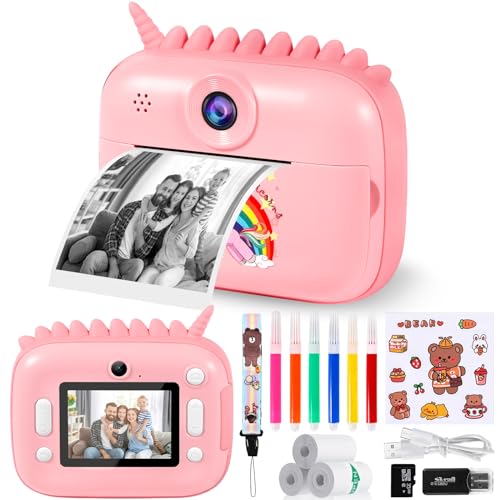 Kinderkamera Sofortbildkamera, 1080P 2,4 Zoll Bildschirm DigitalKamera Kinder mit Druckpapier,32GB Karte, Fotokamera mit 5 Farbigen Stiften, Geschenk für Kinder von XINGGANG