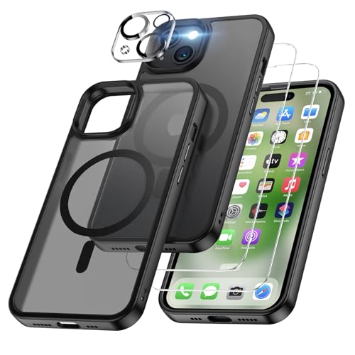 XINKAE 4 in 1 Handyhülle für iPhone 15 Hülle Apple mit Magsafe, Hülle iPhone 15 mit Schutzglas, Militärqualität Handy Schutzhülle [stoßfest] [magnetisch] für iPhone 15 Cover Case. Matt Schwarz von XINKAE