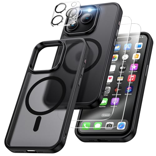 XINKAE 4 in 1 Handyhülle für iPhone 15 Pro Hülle mit Magsafe, Hülle iPhone 15 Pro mit Schutzglas, Militärqualität Handy Schutzhülle [stoßfest] [magnetisch] für Apple 15 Pro Cover Case. Matt Schwarz von XINKAE