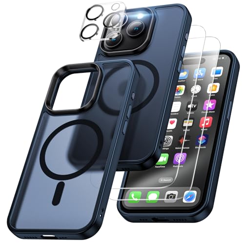 XINKAE 4 in 1 Handyhülle für iPhone 15 Pro Hülle mit Magsafe, Hülle iPhone 15 Pro mit Schutzglas, Militärqualität Handy Schutzhülle [stoßfest] [magnetisch] für Apple 15 Pro Cover Case. Matt Blau von XINKAE