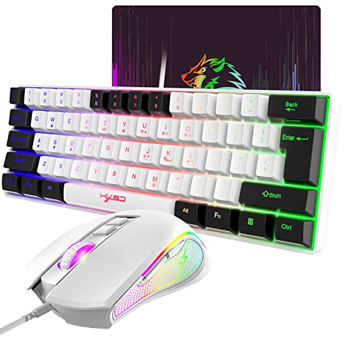 Gaming-Tastatur-Maus-Kombination, 61 Tasten RGB Keyboard + Mäuse + Mauspad, Stecker und Spiel, mechanisches Gefühl Tastatur Rainbow LED Gaming Mouse 3600 DPI, für PS4 PS5 PC Mac Laptop (weiß) von XINMENG